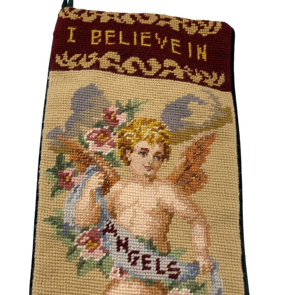 I believe in Angels wool needlepoint Christmas Stocking velvet back cherub Holid - Picture 2 of 6